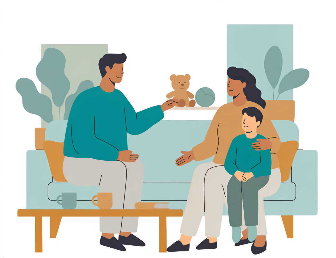 Illustration of a family in a supportive counseling session
