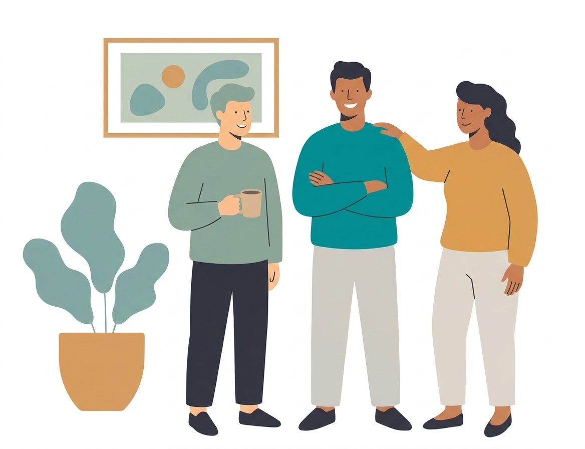 Illustration of a welcoming team of three colleagues standing together