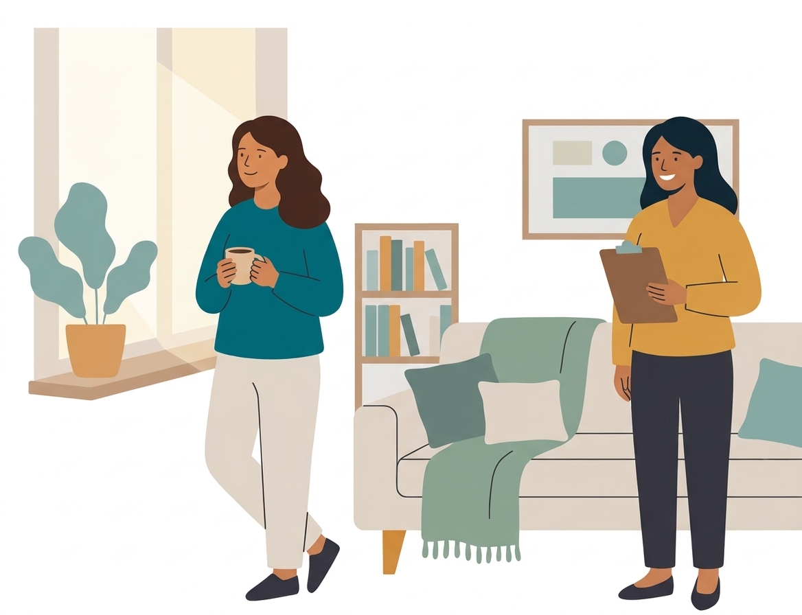 Illustration of a person settling into their own independent living space